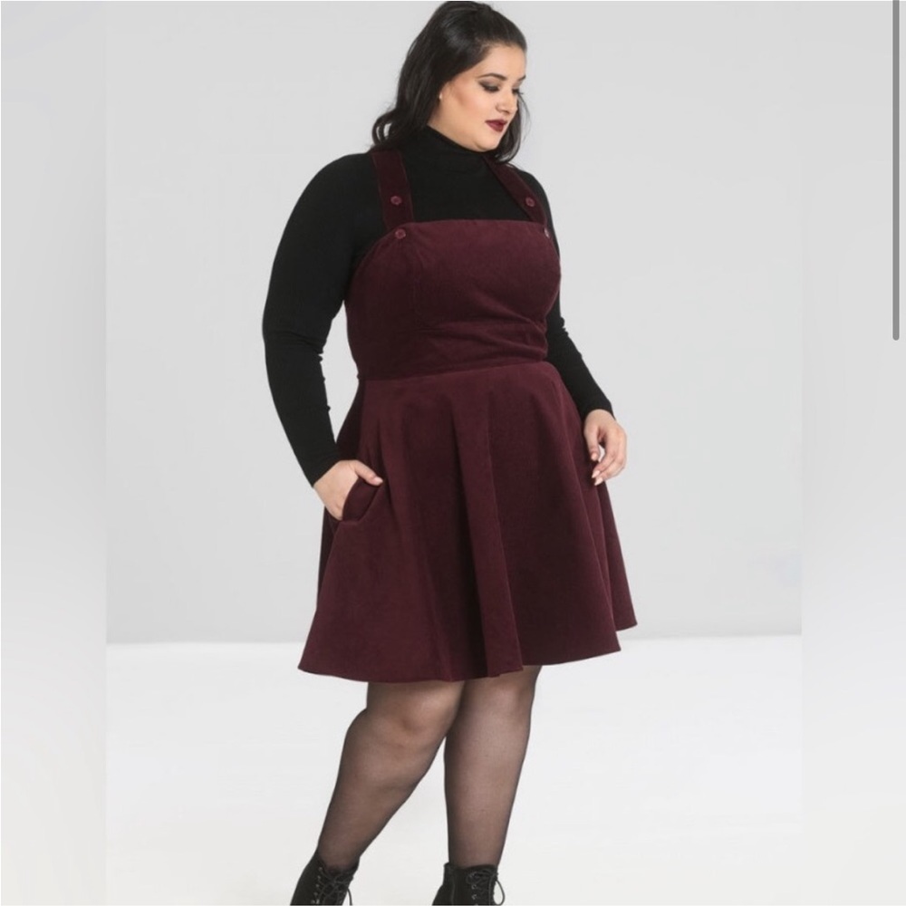Hell Bunny Maroon Corduroy Pinafore Overall Dress